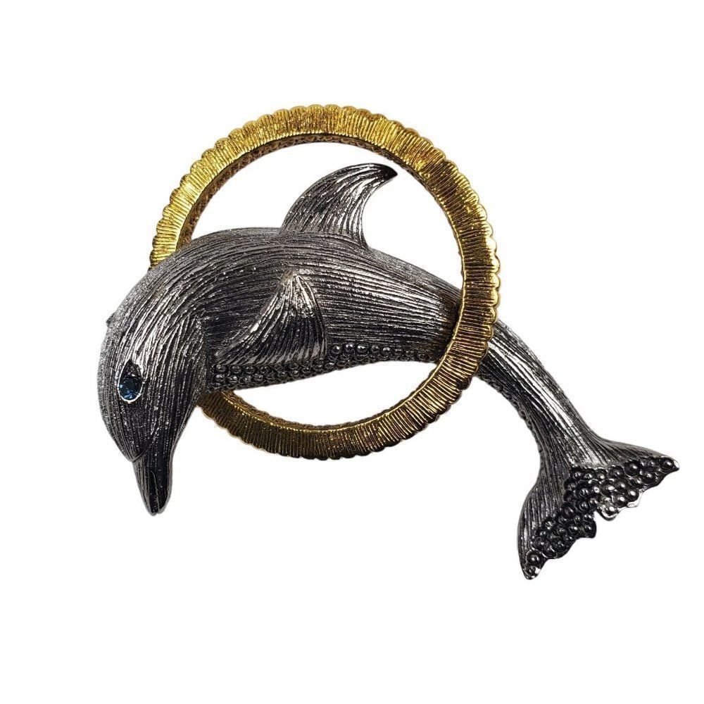 Vintage Liz Claiborne Dolphin Jumping Hoop Gold Silver Tone Blue Rhinestone Eye